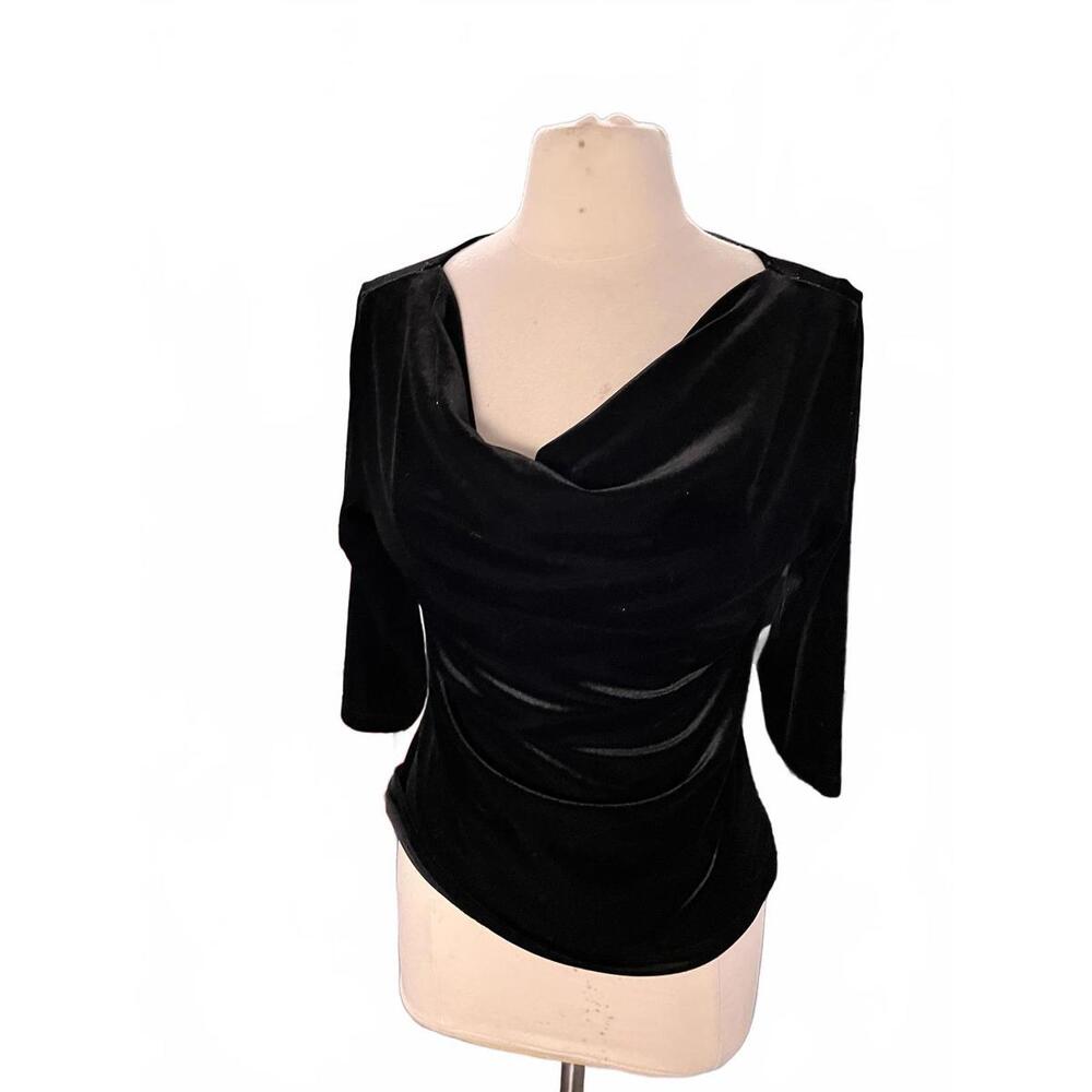 Vintage Womens Size M/L Black Velvet Long Sleeve Draped Neck Top